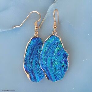 New Long Natural Crystal Geode Blue Iridescent‎ Gold Bezel Earrings Quartz Druzy